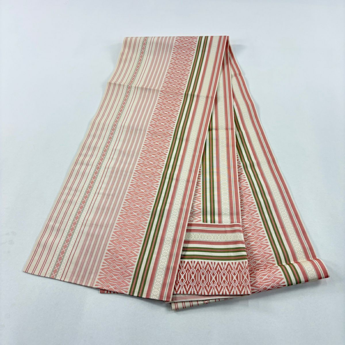 【美品】名古屋帶 優品級 八寸名古屋帶 松樹葉仕立 雙層 縞 幾何圖案 粉紅 純蠶絲