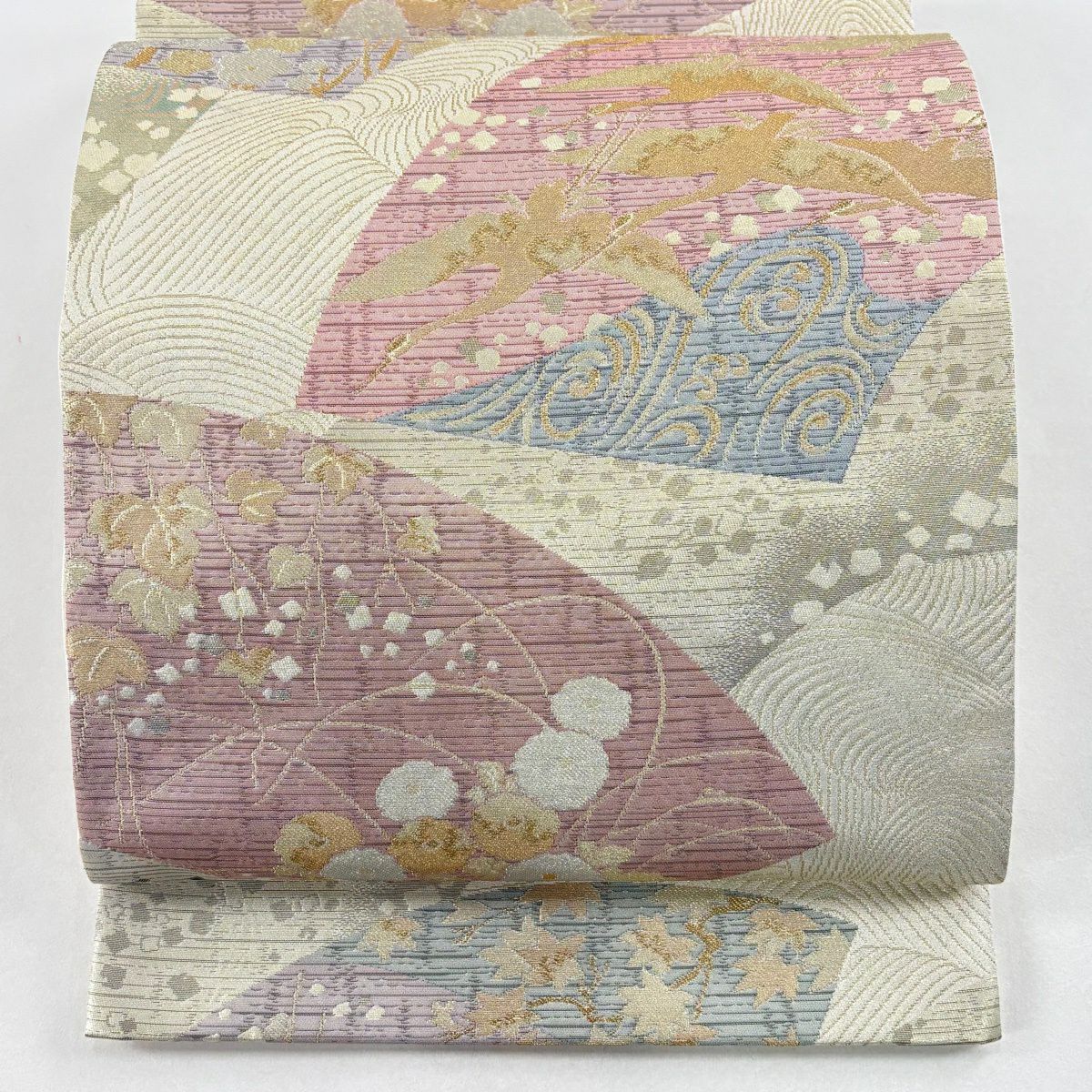 【美品】 袋帶 秀品級 扇子面 花鳥 金銀彩 金金箔 米色 六通 純蠶絲