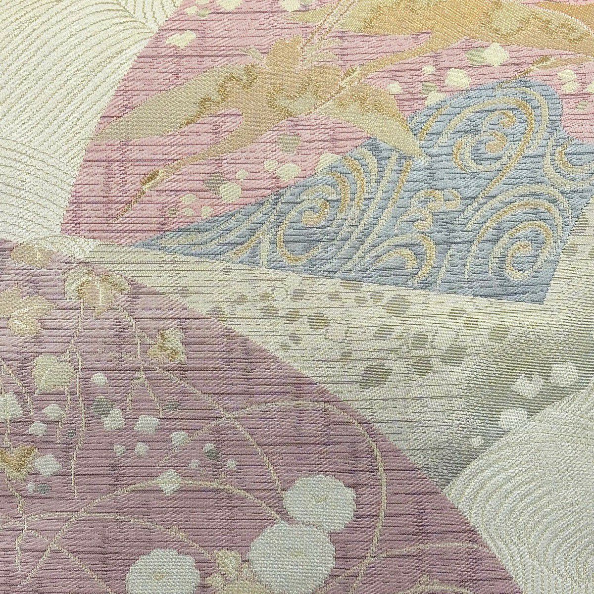 【美品】 袋帶 秀品級 扇子面 花鳥 金銀彩 金金箔 米色 六通 純蠶絲