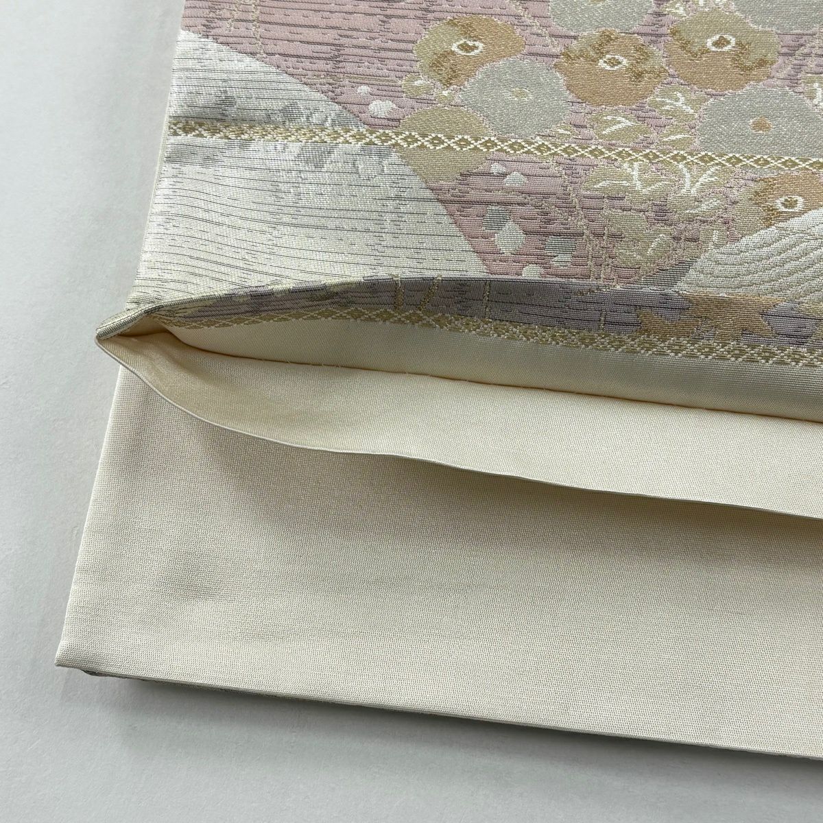 【美品】 袋帶 秀品級 扇子面 花鳥 金銀彩 金金箔 米色 六通 純蠶絲