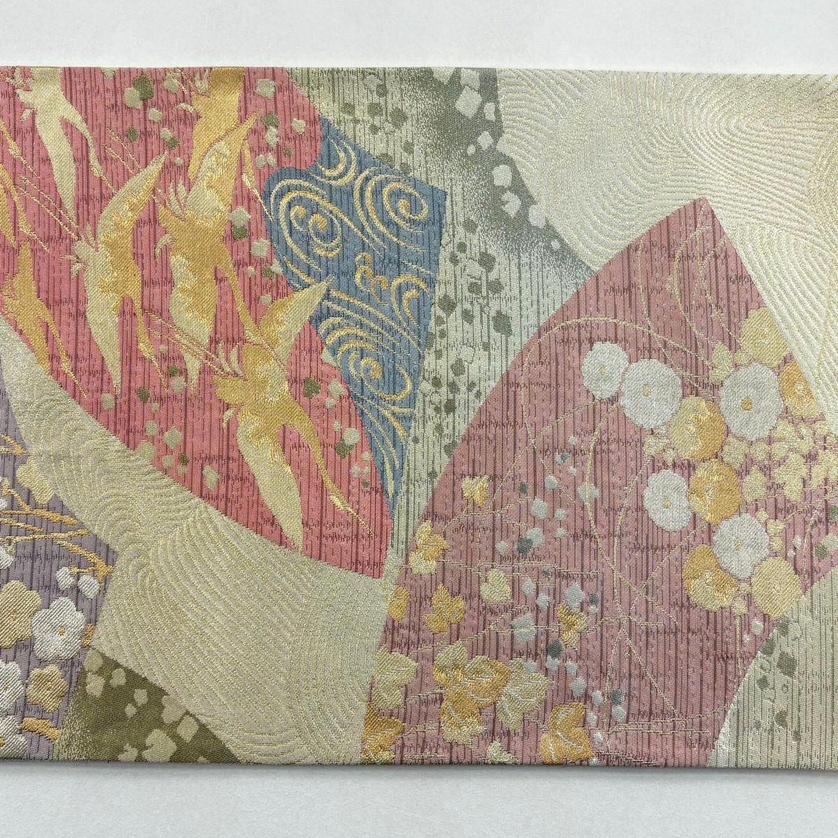【美品】 袋帶 秀品級 扇子面 花鳥 金銀彩 金金箔 米色 六通 純蠶絲