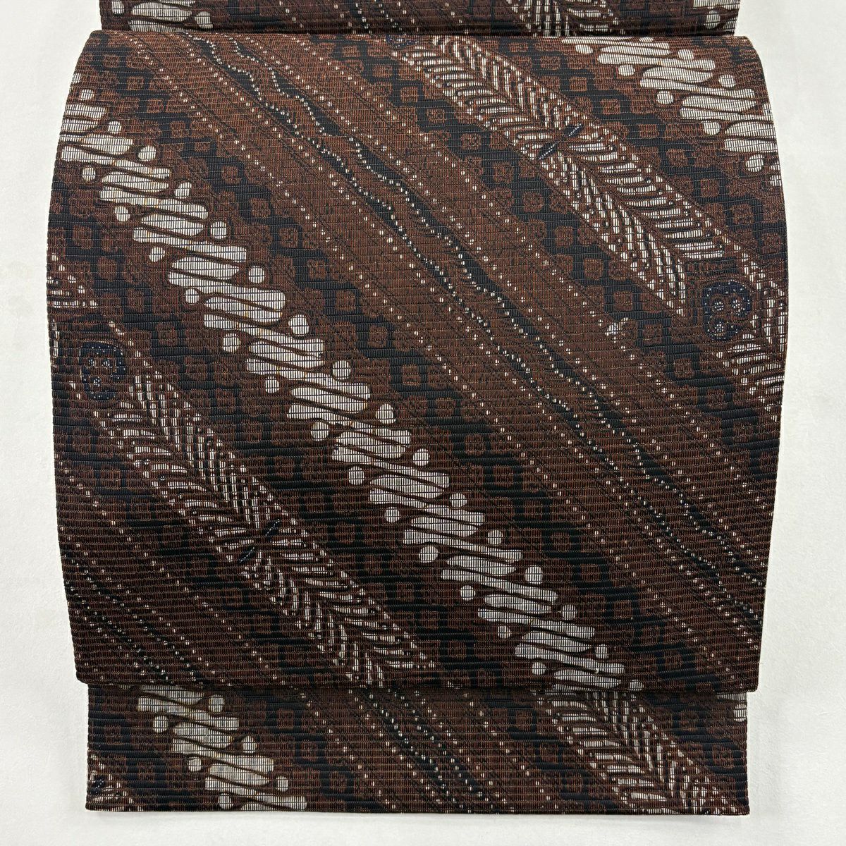 【美品】 袋帶 秀品級 斜紋 幾何圖案 茶 六通 純蠶絲