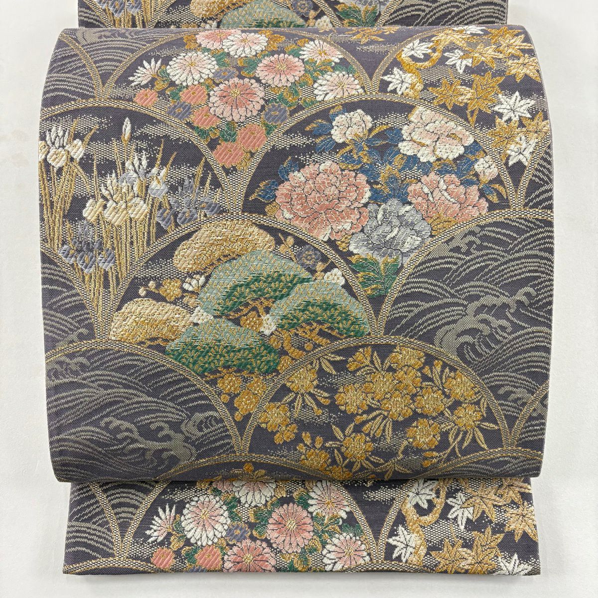 【美品】 袋帶 秀品級 草花紋紋 松樹梅花刺繡 金線 紫 六通 純蠶絲