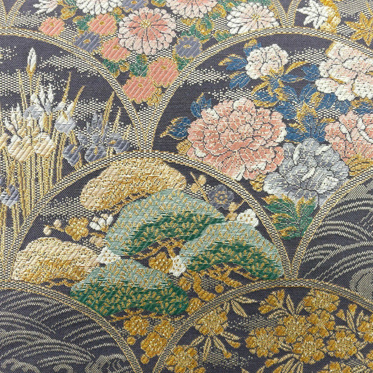 【美品】 袋帶 秀品級 草花紋紋 松樹梅花刺繡 金線 紫 六通 純蠶絲