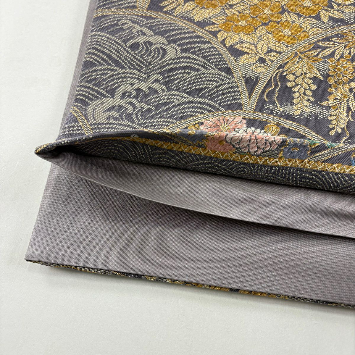 【美品】 袋帶 秀品級 草花紋紋 松樹梅花刺繡 金線 紫 六通 純蠶絲