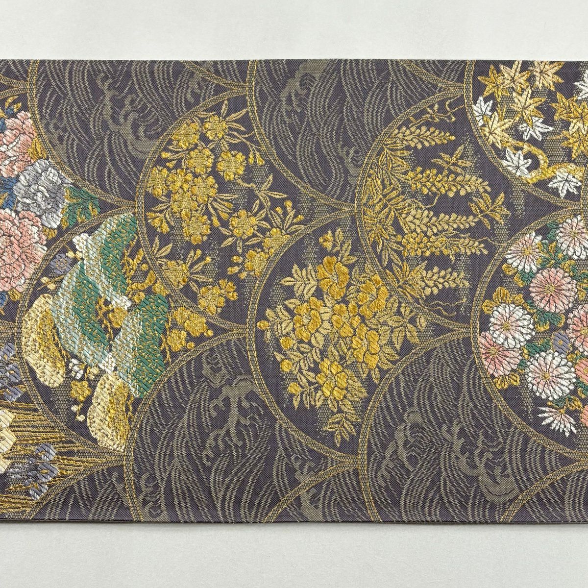【美品】 袋帶 秀品級 草花紋紋 松樹梅花刺繡 金線 紫 六通 純蠶絲
