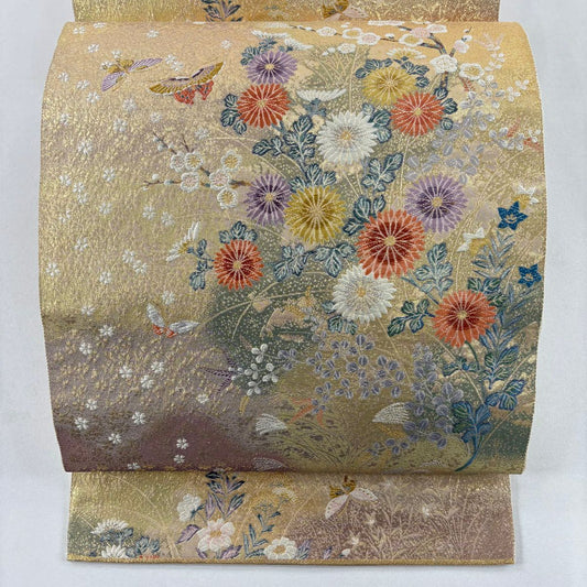 袋帶 秀品級 關西仕立 菊花 蝶 刺繡 金銀彩 金色 六通 純蠶絲