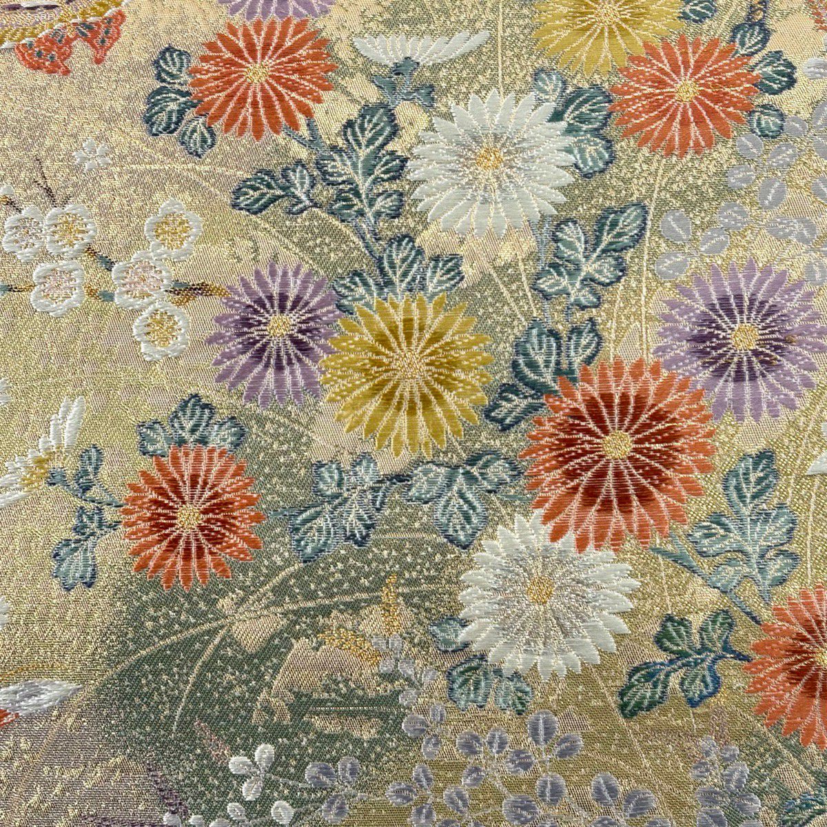 袋帶 秀品級 關西仕立 菊花 蝶 刺繡 金銀彩 金色 六通 純蠶絲