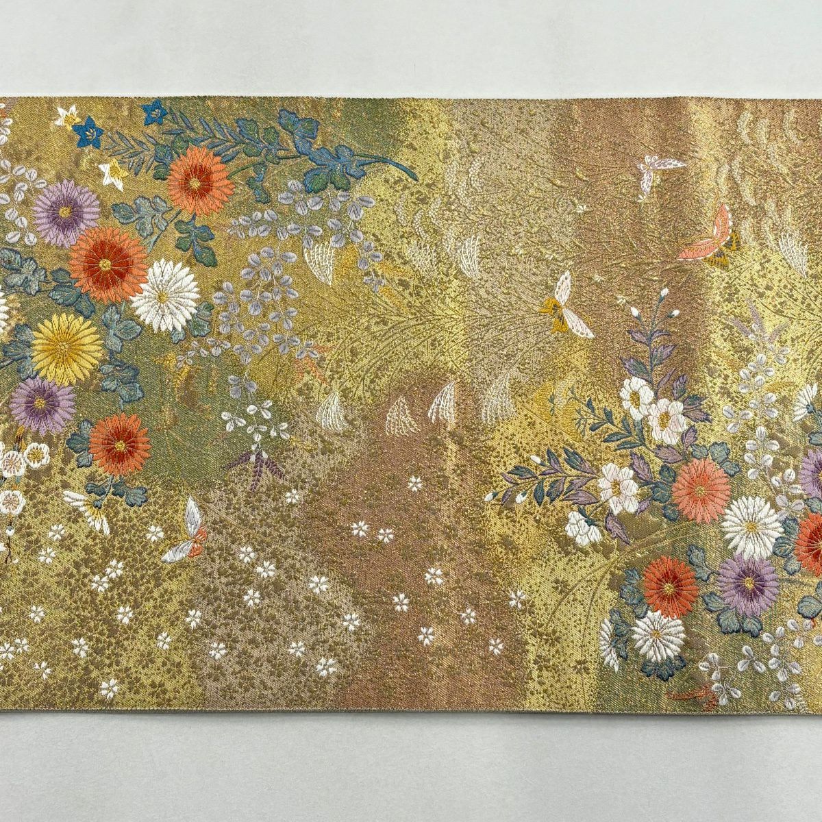 袋帶 秀品級 關西仕立 菊花 蝶 刺繡 金銀彩 金色 六通 純蠶絲