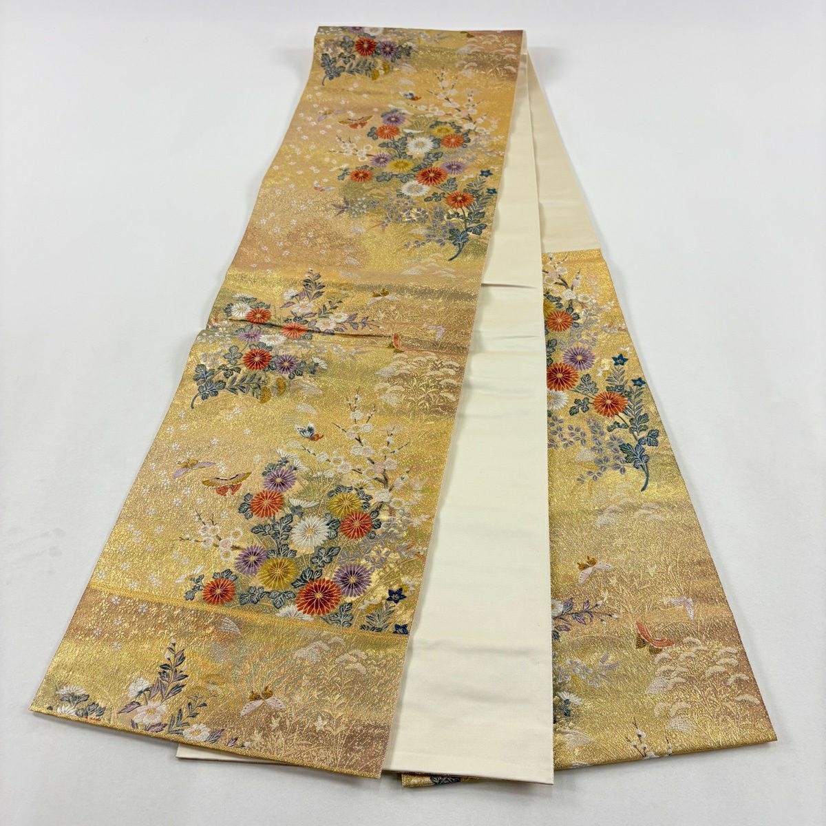 袋帶 秀品級 關西仕立 菊花 蝶 刺繡 金銀彩 金色 六通 純蠶絲