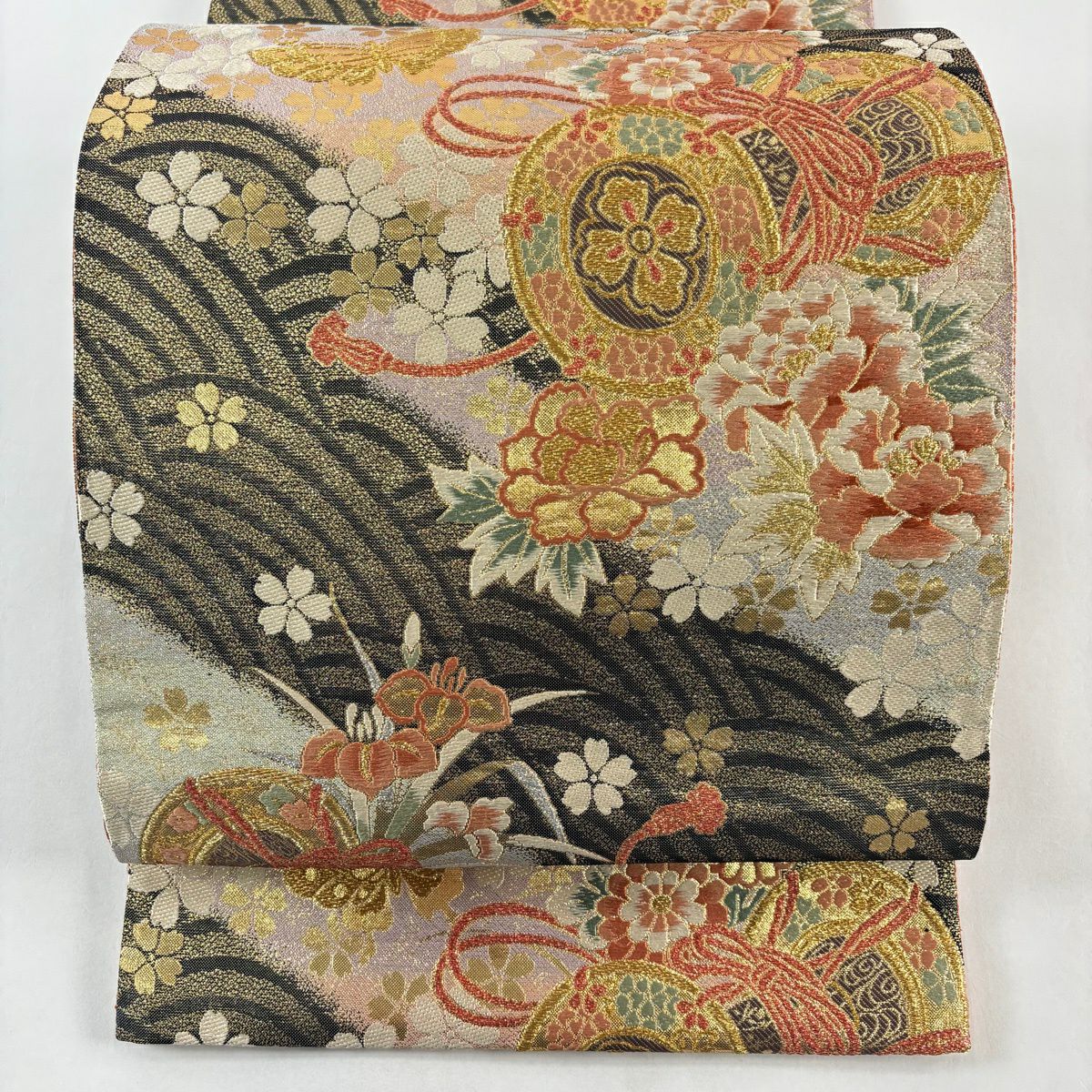 【美品】 袋帶 秀品級 鼓 牡丹 金糸 金金箔 淺紫 六通 純蠶絲