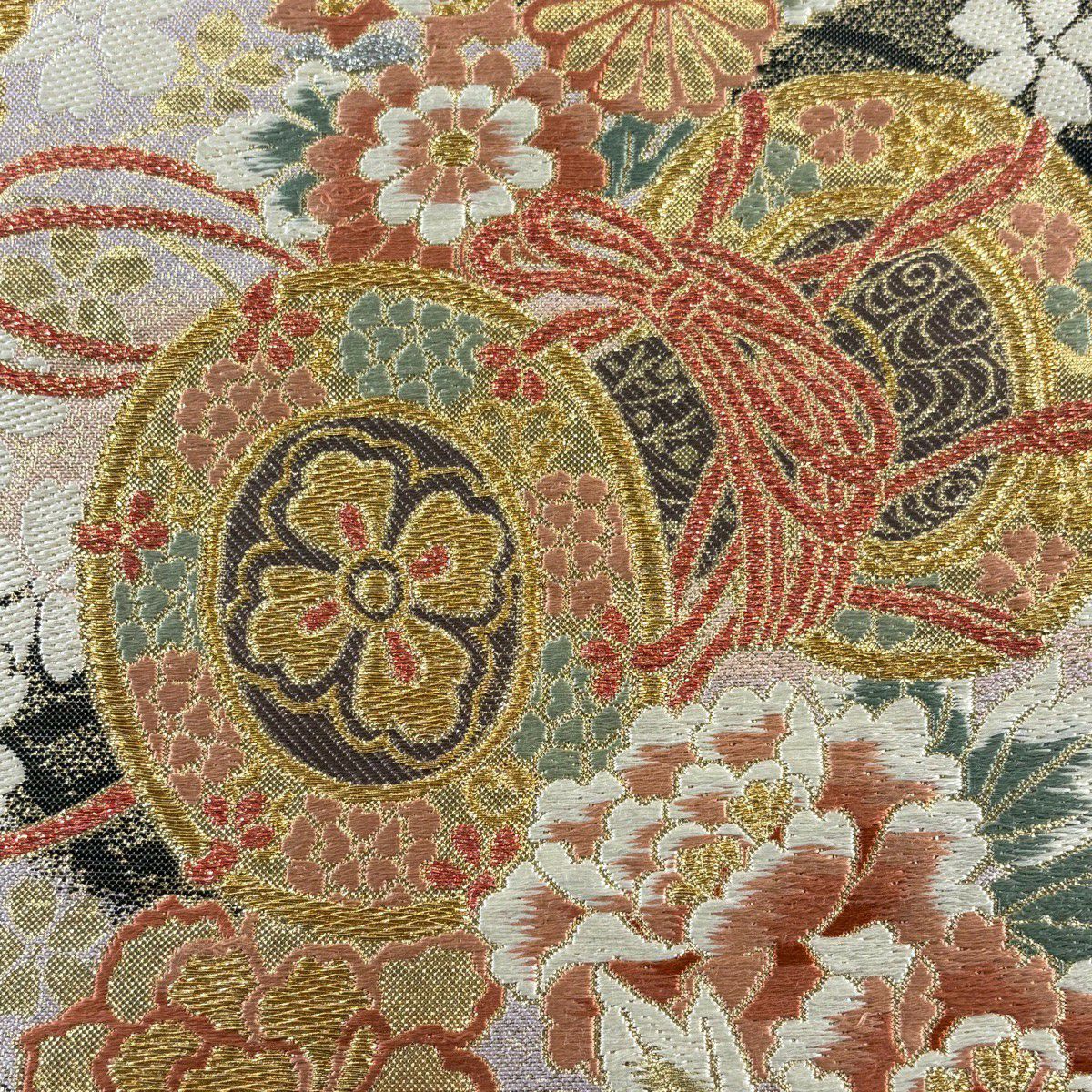 【美品】 袋帶 秀品級 鼓 牡丹 金糸 金金箔 淺紫 六通 純蠶絲