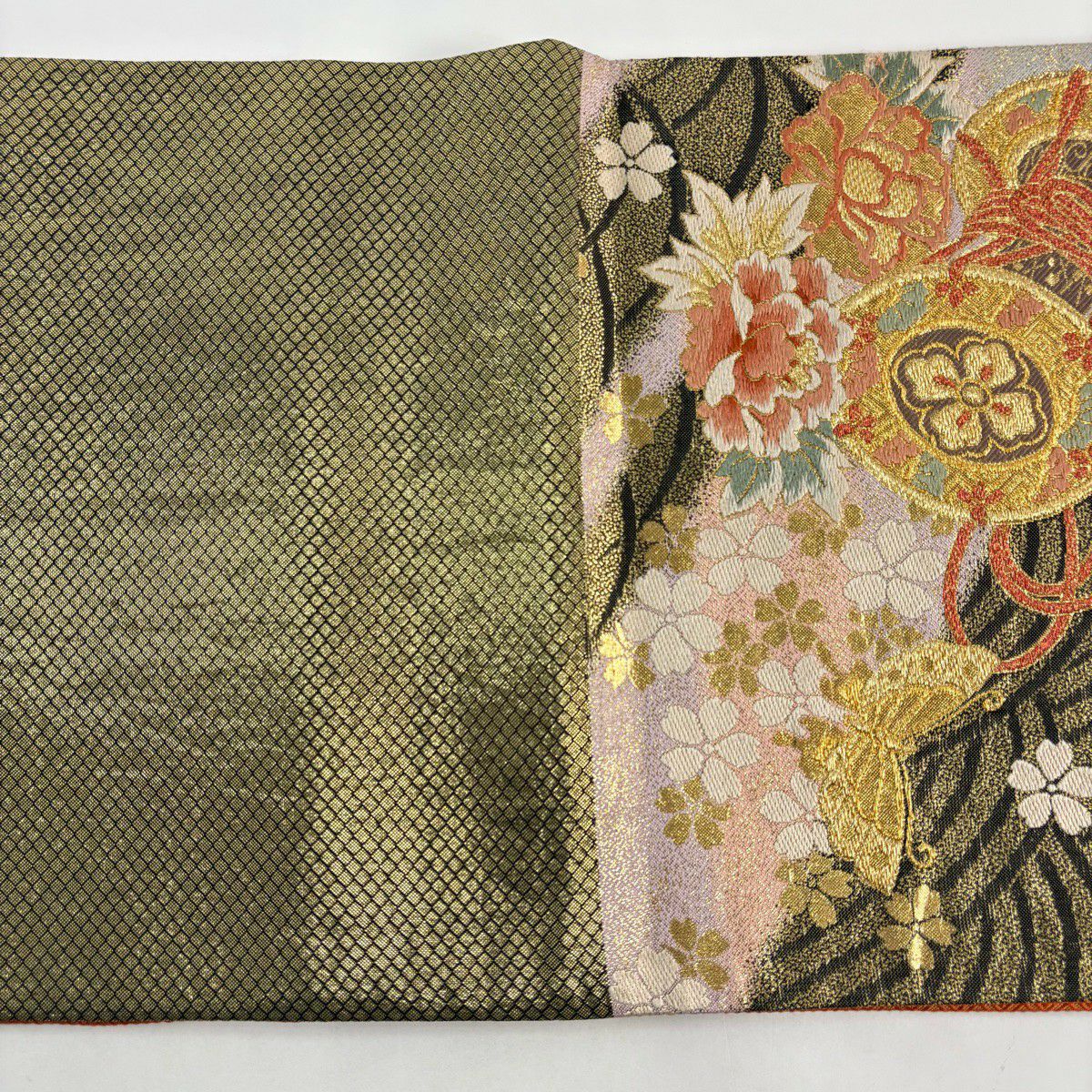 【美品】 袋帶 秀品級 鼓 牡丹 金糸 金金箔 淺紫 六通 純蠶絲