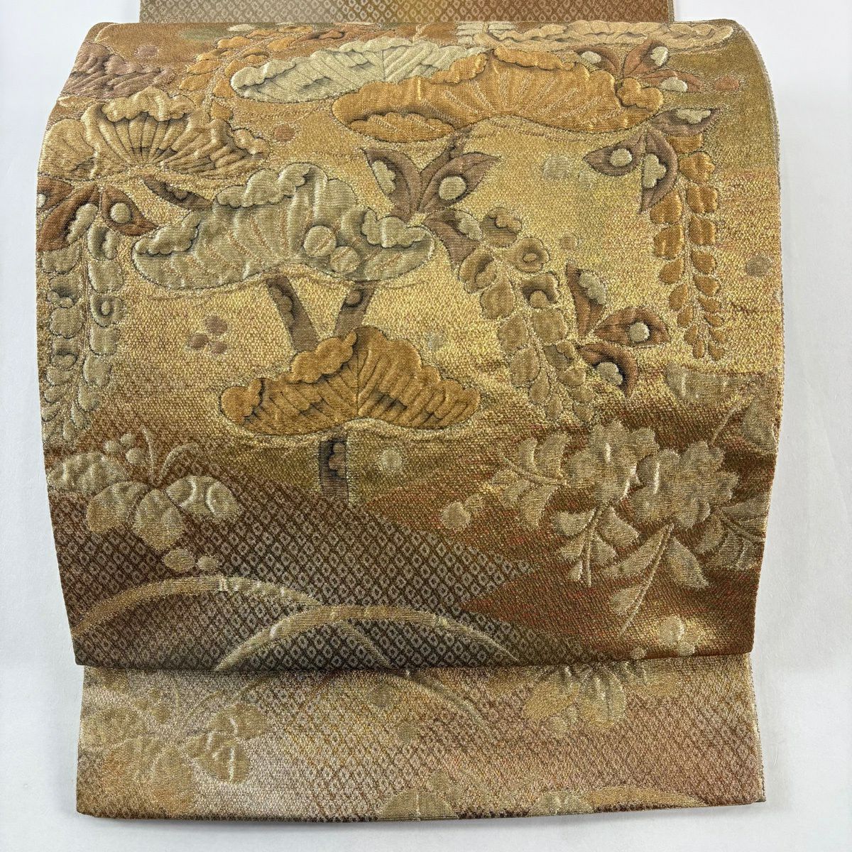 【美品】 袋帶 秀品級 笠松樹 櫻花 金金箔 金絲 金茶 お太鼓圖案 純蠶絲