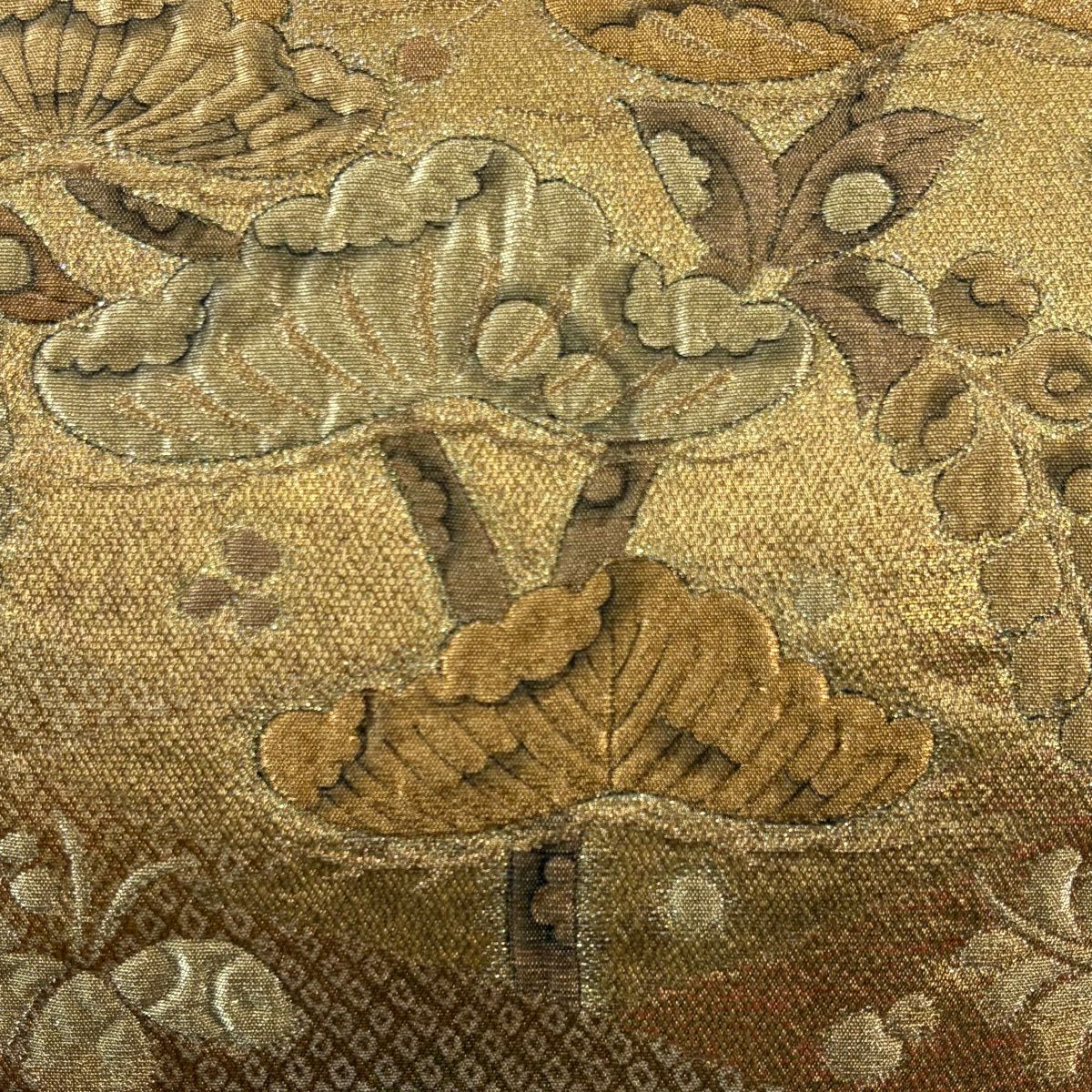 【美品】 袋帶 秀品級 笠松樹 櫻花 金金箔 金絲 金茶 お太鼓圖案 純蠶絲