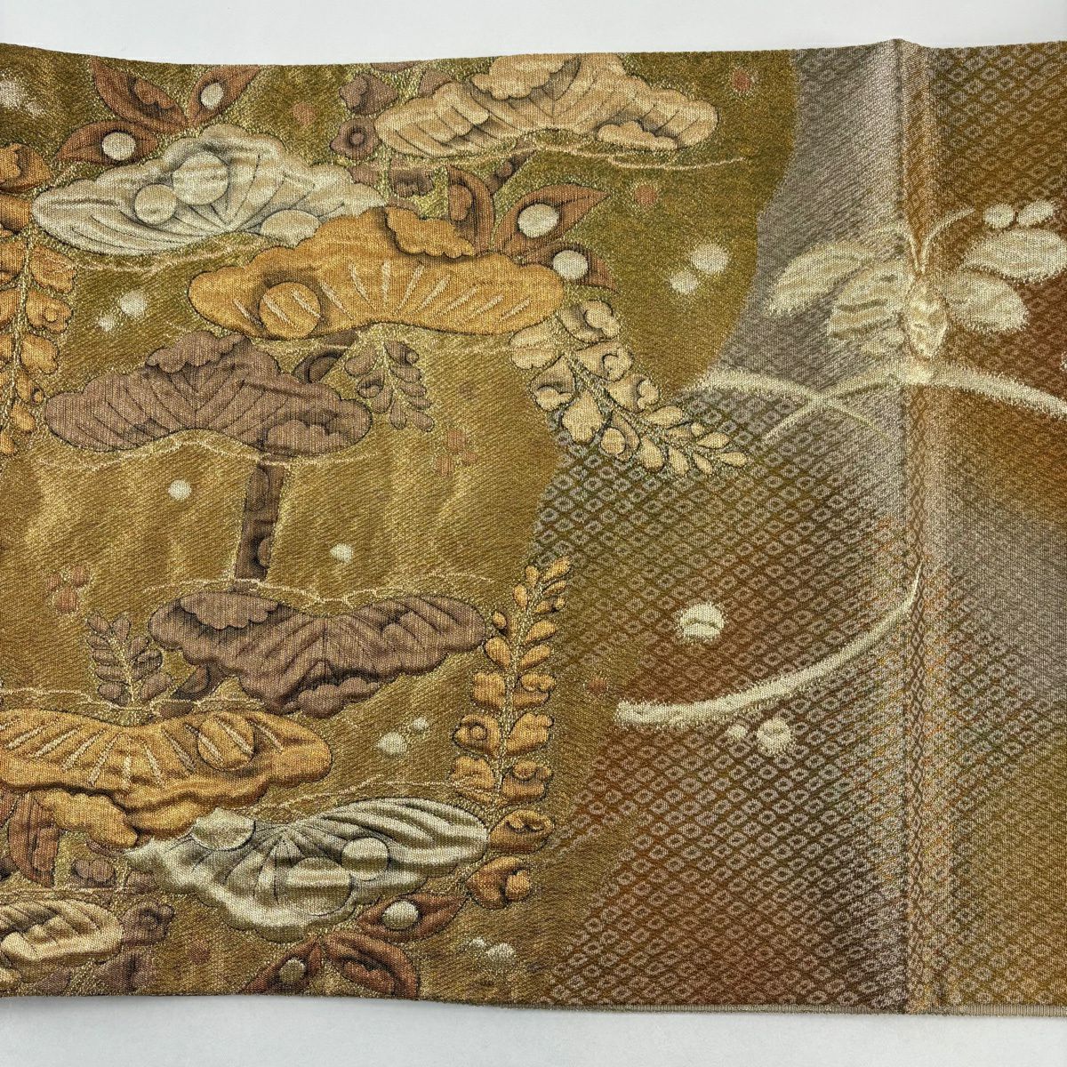 【美品】 袋帶 秀品級 笠松樹 櫻花 金金箔 金絲 金茶 お太鼓圖案 純蠶絲