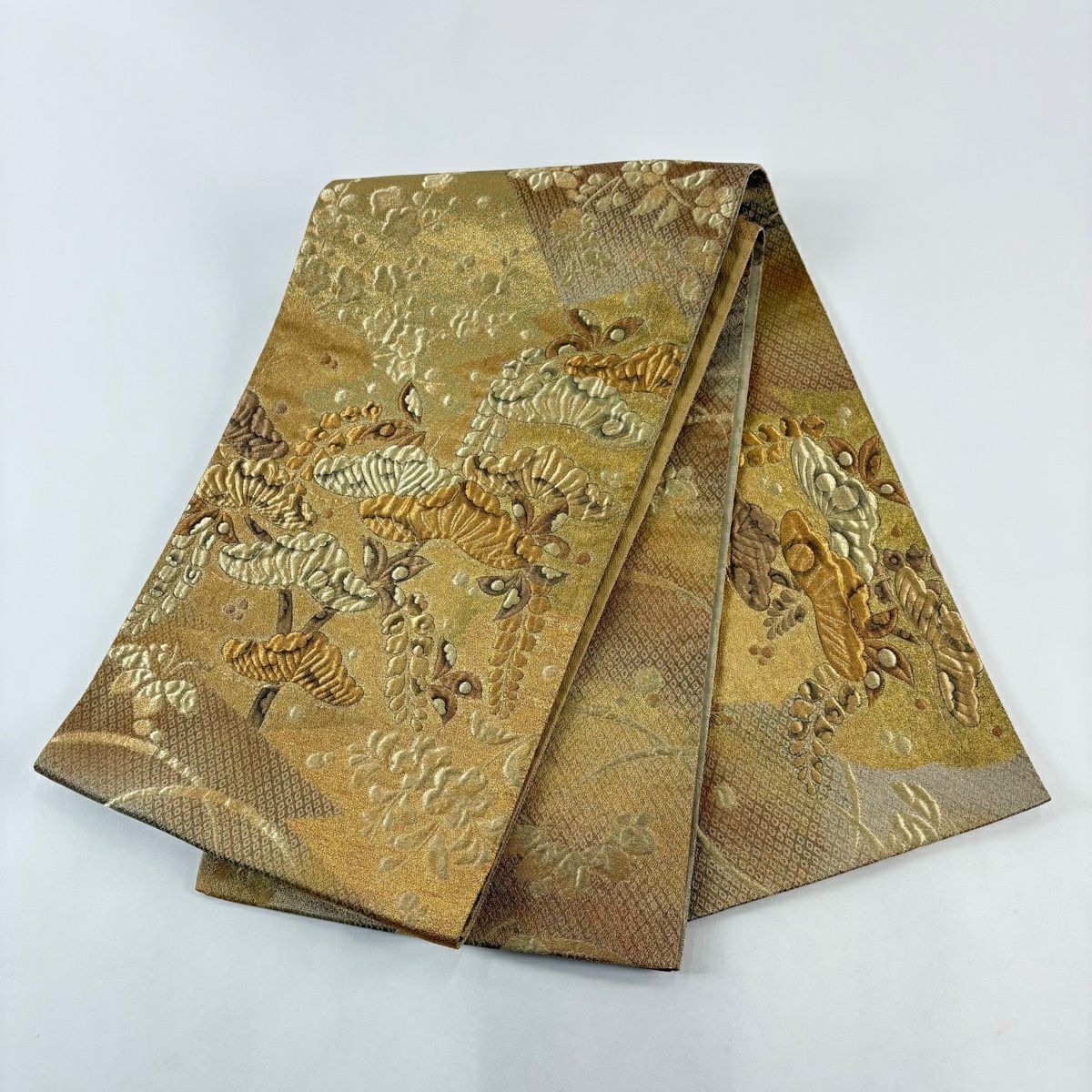 【美品】 袋帶 秀品級 笠松樹 櫻花 金金箔 金絲 金茶 お太鼓圖案 純蠶絲