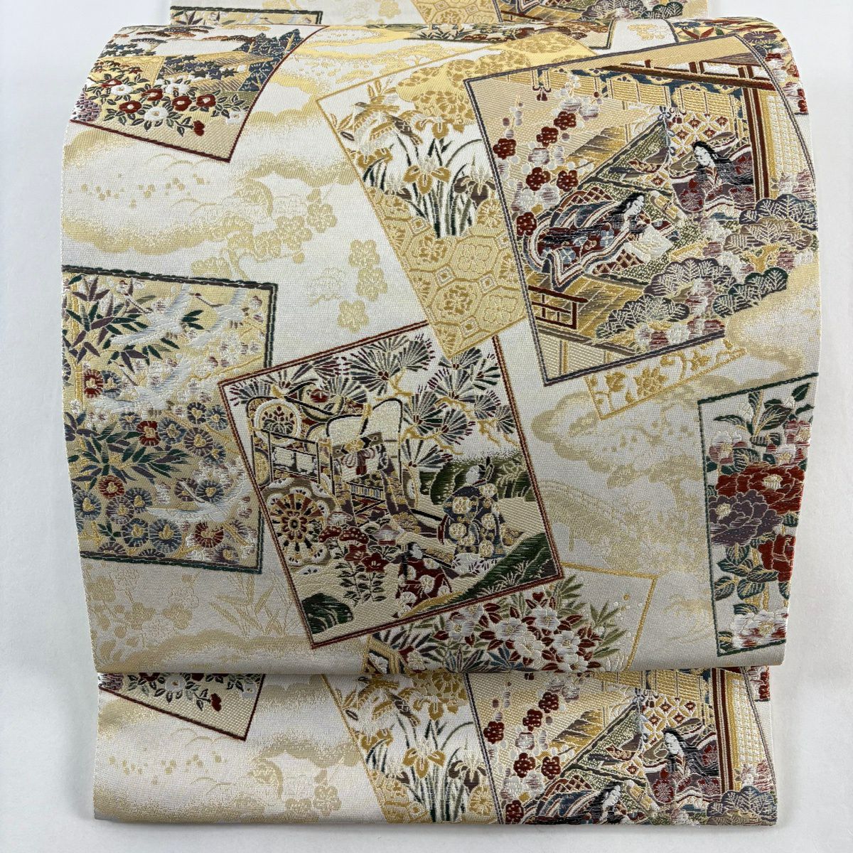 【美品】 袋帶 秀品級 王朝綴 色紙 人物 金金箔 金絲 灰白 六通 純蠶絲