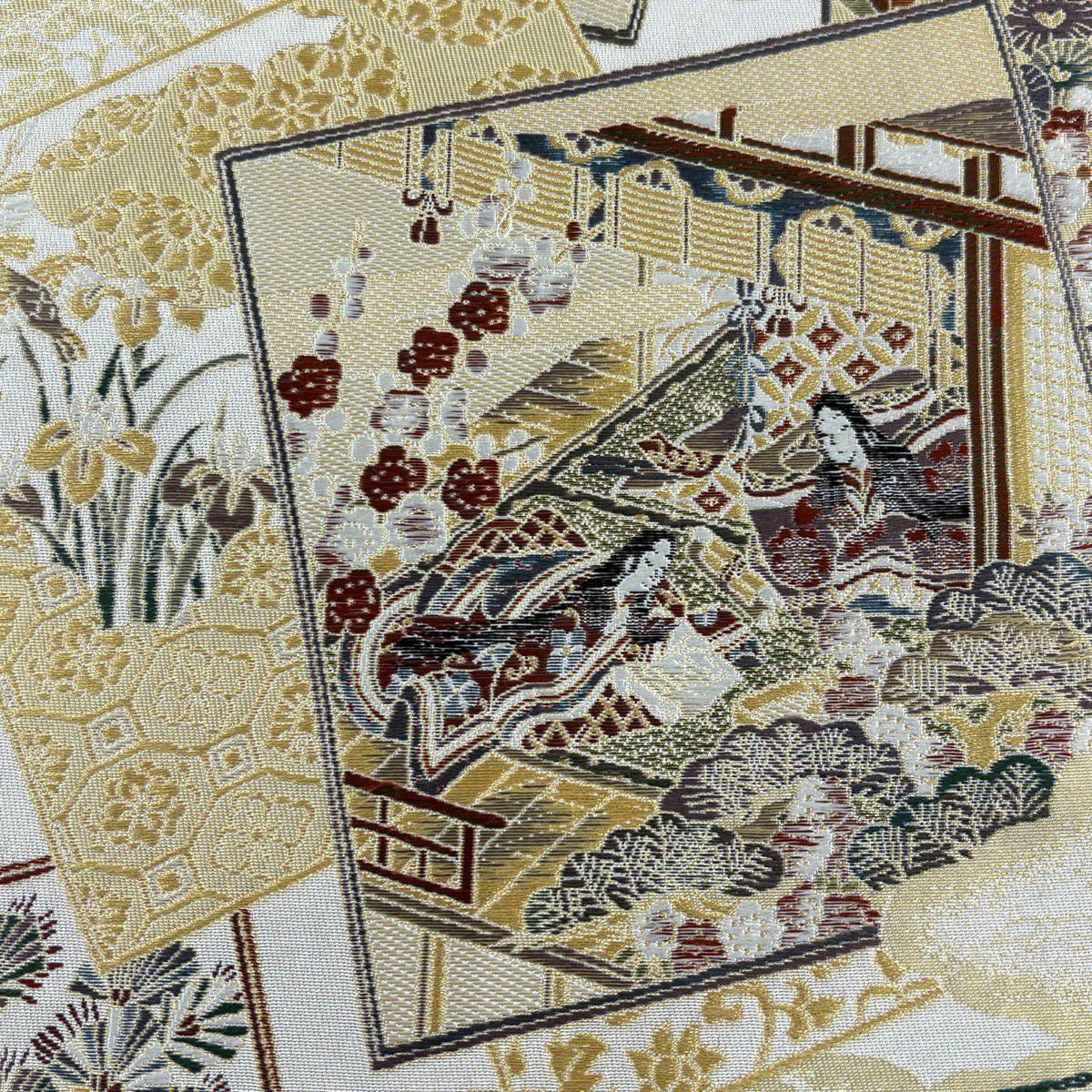 【美品】 袋帶 秀品級 王朝綴 色紙 人物 金金箔 金絲 灰白 六通 純蠶絲