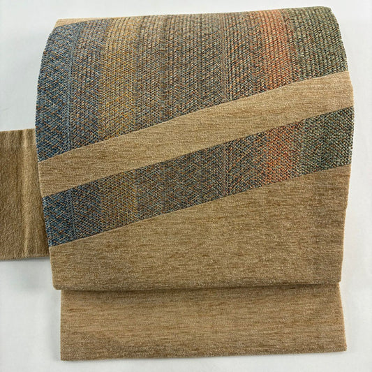 【美品】名古屋帶 秀品級 大和 條紋 茶 純蠶絲