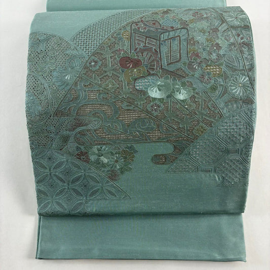 袋帶 秀品級 紬織織 御所車 草花紋刺繡 淺綠 お太鼓圖案 純蠶絲