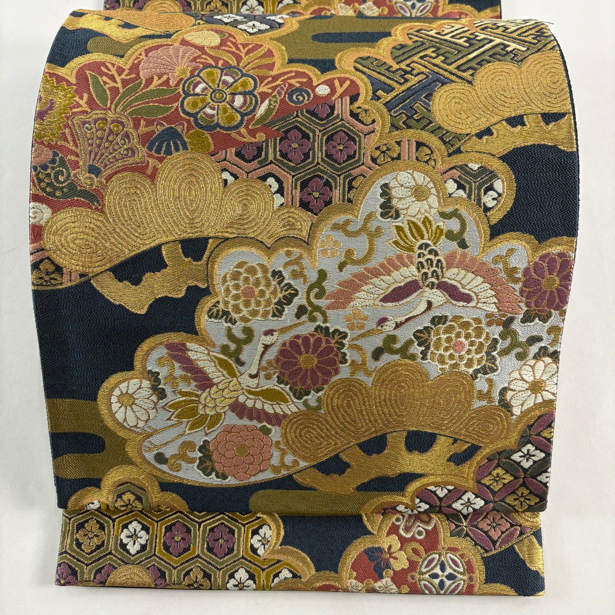 袋帶 秀品級 笠松樹 仙鶴 金糸 金金箔 深藍 六通 純蠶絲