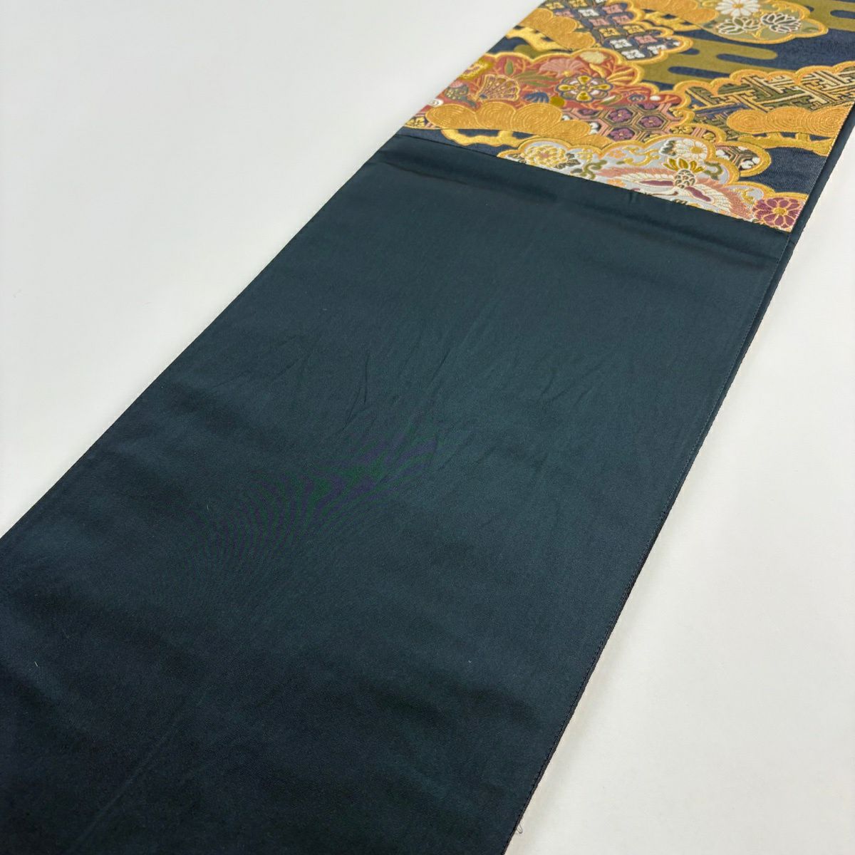 袋帶 秀品級 笠松樹 仙鶴 金糸 金金箔 深藍 六通 純蠶絲