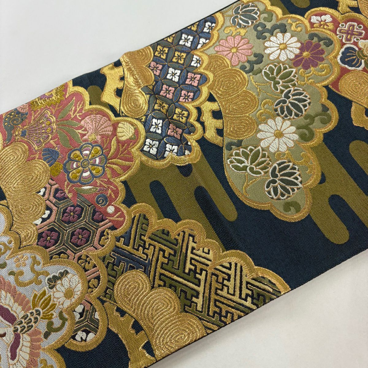 袋帶 秀品級 笠松樹 仙鶴 金糸 金金箔 深藍 六通 純蠶絲
