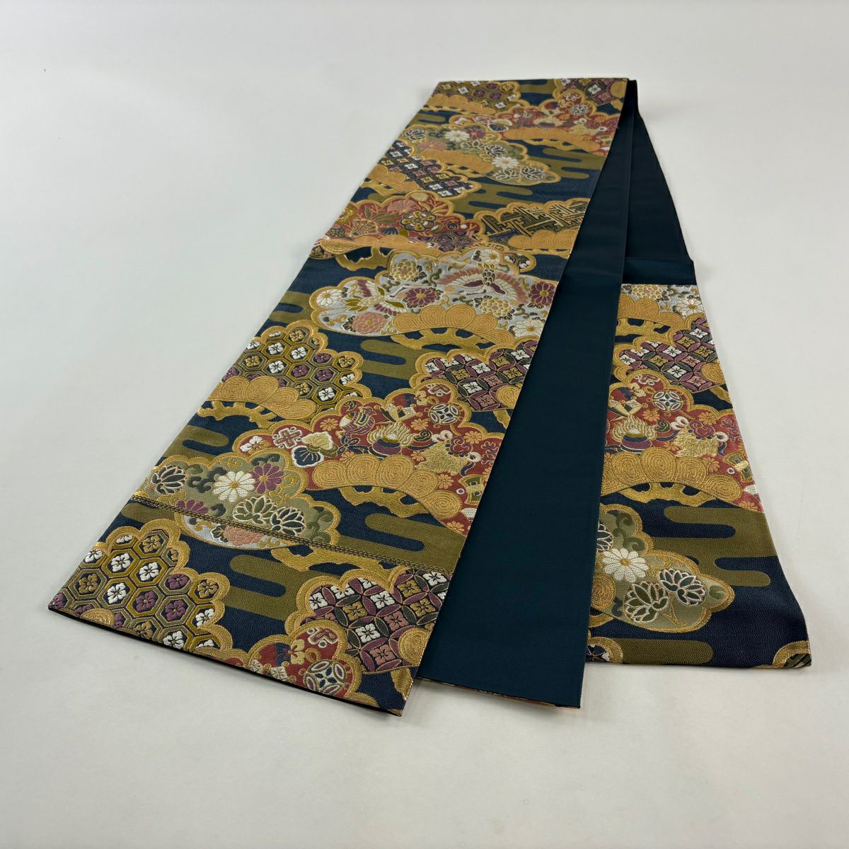 袋帶 秀品級 笠松樹 仙鶴 金糸 金金箔 深藍 六通 純蠶絲