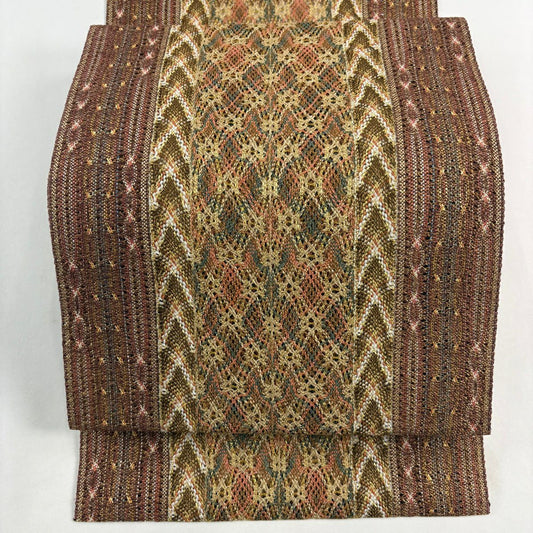 【美品】 名古屋帶 秀品級 松樹葉仕立 八寸名古屋帶 大和 縞 幾何學 金絲 淺茶 純蠶絲