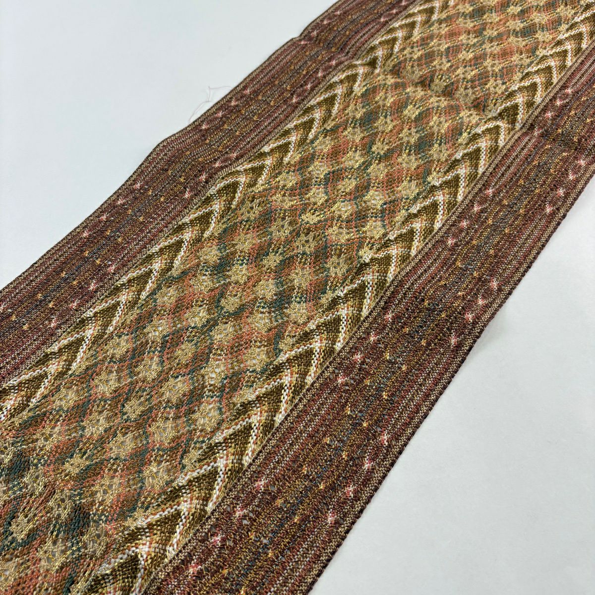 【美品】 名古屋帶 秀品級 松樹葉仕立 八寸名古屋帶 大和 縞 幾何學 金絲 淺茶 純蠶絲