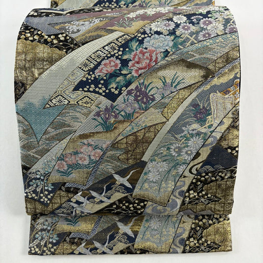 袋帶 秀品級 草花紋紋 仙鶴 金金箔 青灰 六通 純蠶絲