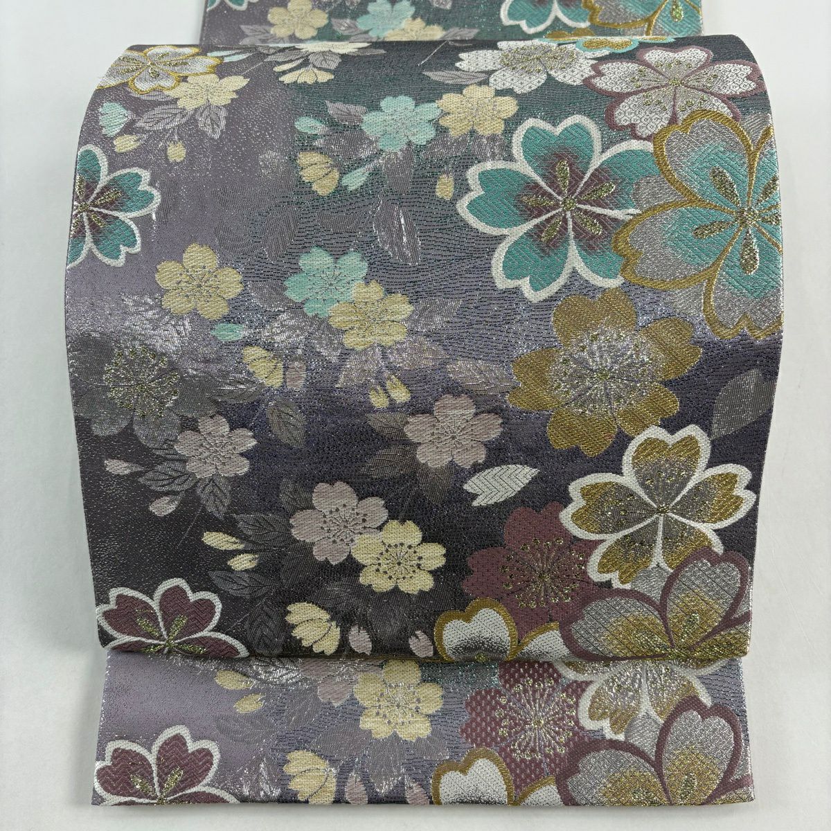 袋帶 秀品級櫻花花瓣 金金箔金銀線 紫色 六通 純蠶絲