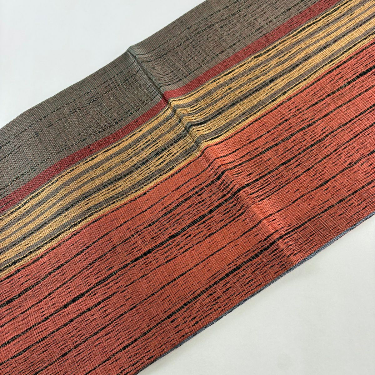 【美品】 袋帶 秀品級 縞 金通 紅茶 全通 純蠶絲