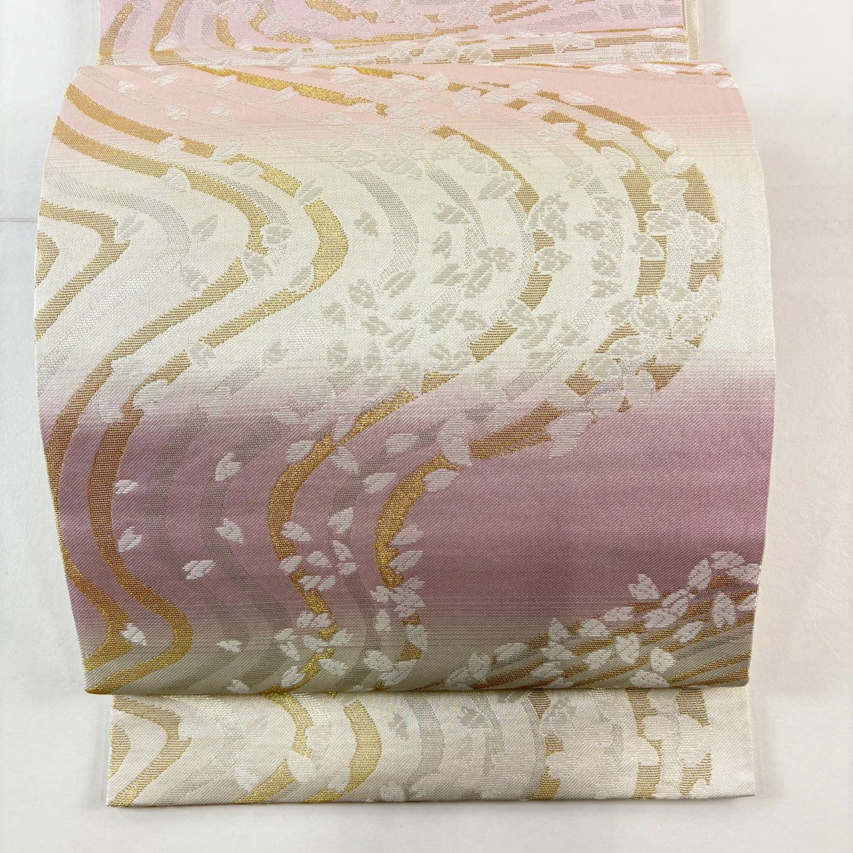 【美品】 袋帶 名品級 櫻花花瓣 流水 金絲 金金箔 淺粉色 六通 純蠶絲