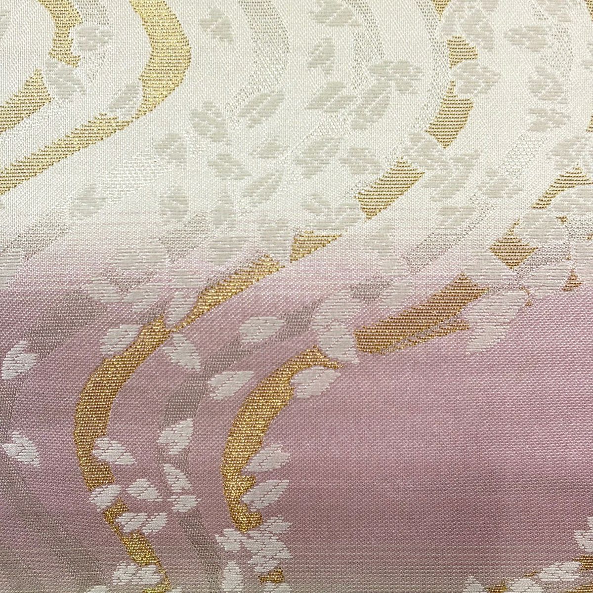 【美品】 袋帶 名品級 櫻花花瓣 流水 金絲 金金箔 淺粉色 六通 純蠶絲