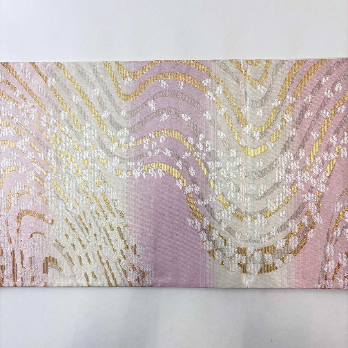 【美品】 袋帶 名品級 櫻花花瓣 流水 金絲 金金箔 淺粉色 六通 純蠶絲