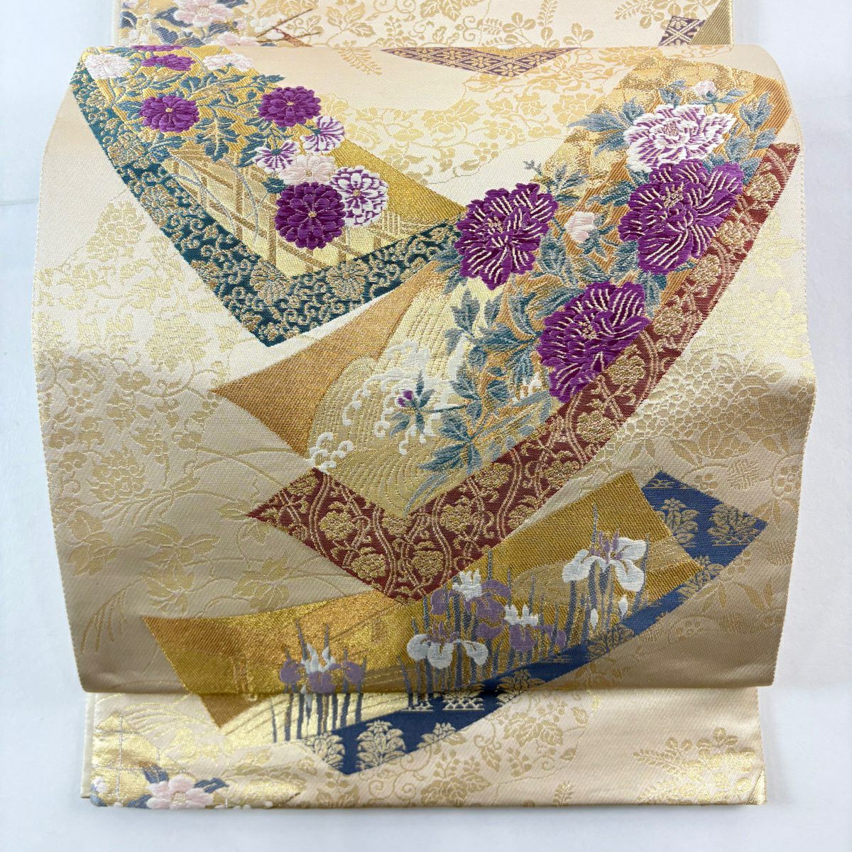 袋帶 名品級 じゅらく 落款あり 帝王紫 短冊 草花紋 金糸 金金箔 金色 お太鼓柄 純蠶絲