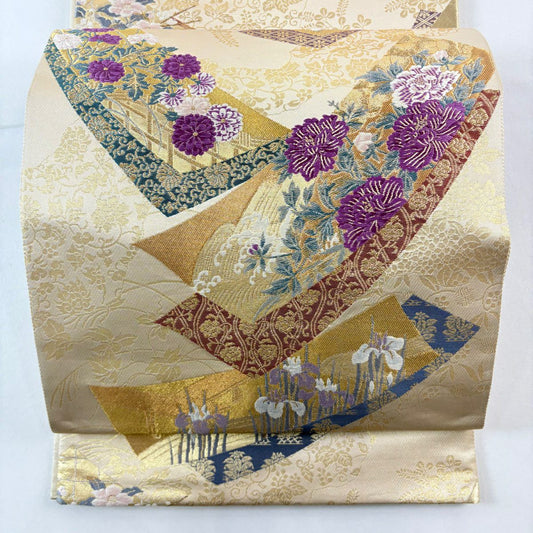 袋帶 名品級 じゅらく 落款あり 帝王紫 短冊 草花紋 金糸 金金箔 金色 お太鼓柄 純蠶絲