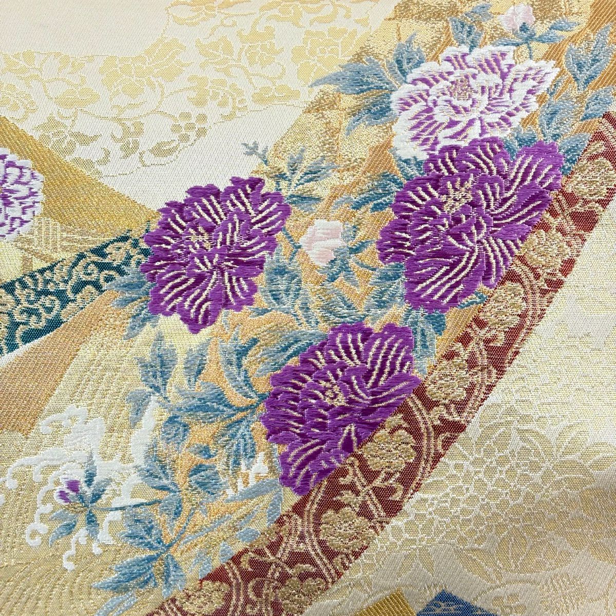 袋帶 名品級 じゅらく 落款あり 帝王紫 短冊 草花紋 金糸 金金箔 金色 お太鼓柄 純蠶絲