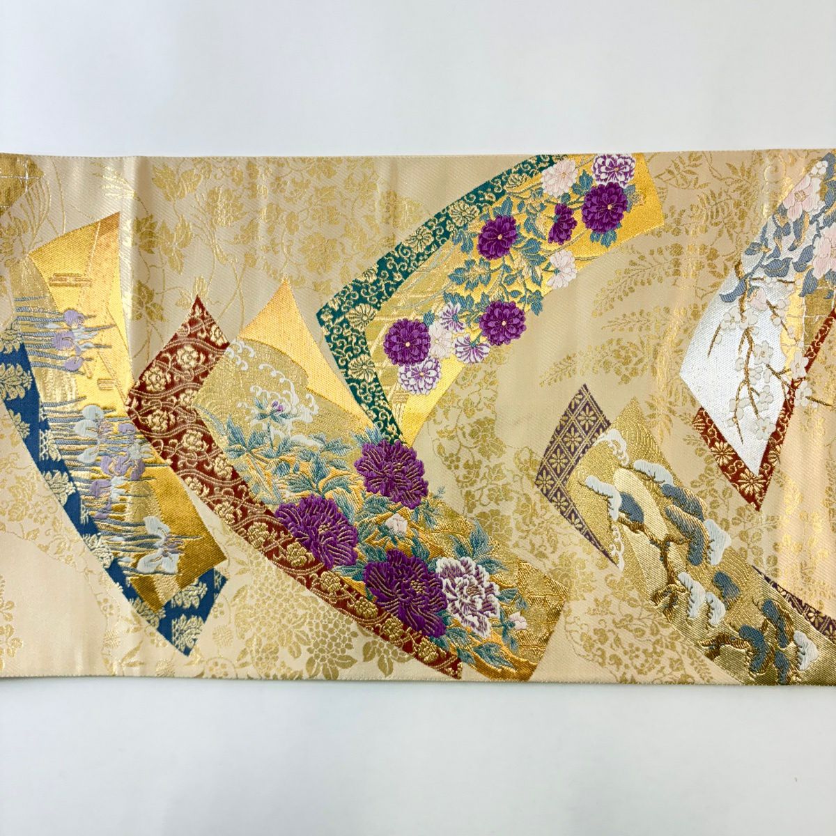 袋帶 名品級 じゅらく 落款あり 帝王紫 短冊 草花紋 金糸 金金箔 金色 お太鼓柄 純蠶絲