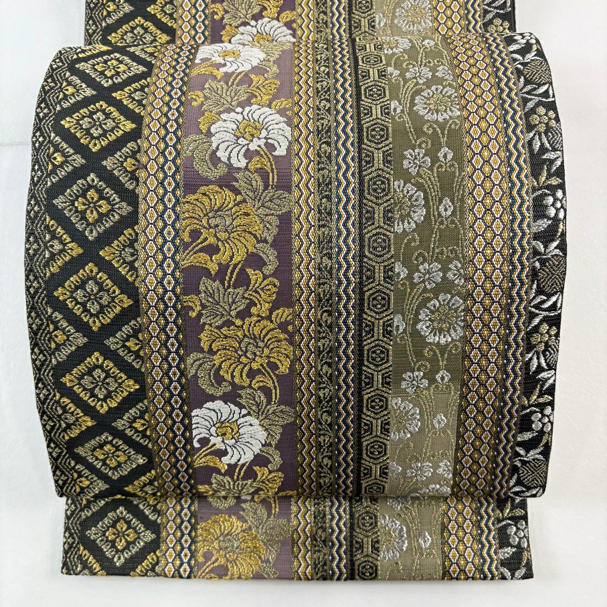 【美品】 袋帶 名品級 縞 草花紋 金銀彩 灰紫 六通 純蠶絲