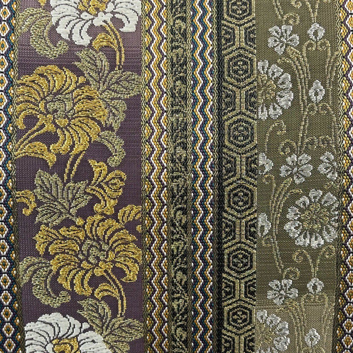【美品】 袋帶 名品級 縞 草花紋 金銀彩 灰紫 六通 純蠶絲
