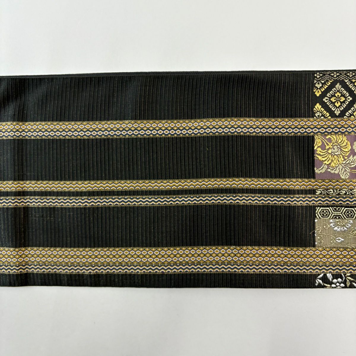 【美品】 袋帶 名品級 縞 草花紋 金銀彩 灰紫 六通 純蠶絲