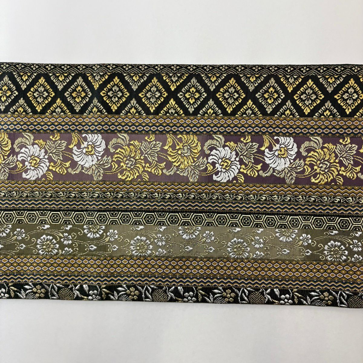 【美品】 袋帶 名品級 縞 草花紋 金銀彩 灰紫 六通 純蠶絲