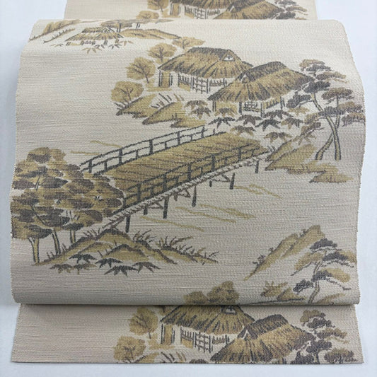 名古屋帶 名品級 紬織織 松樹葉仕立 八寸名古屋帶 建築物 橋 薄茶 純蠶絲