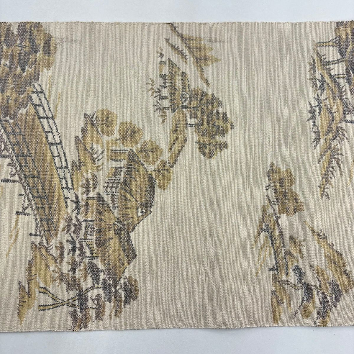 名古屋帶 名品級 紬織織 松樹葉仕立 八寸名古屋帶 建築物 橋 薄茶 純蠶絲