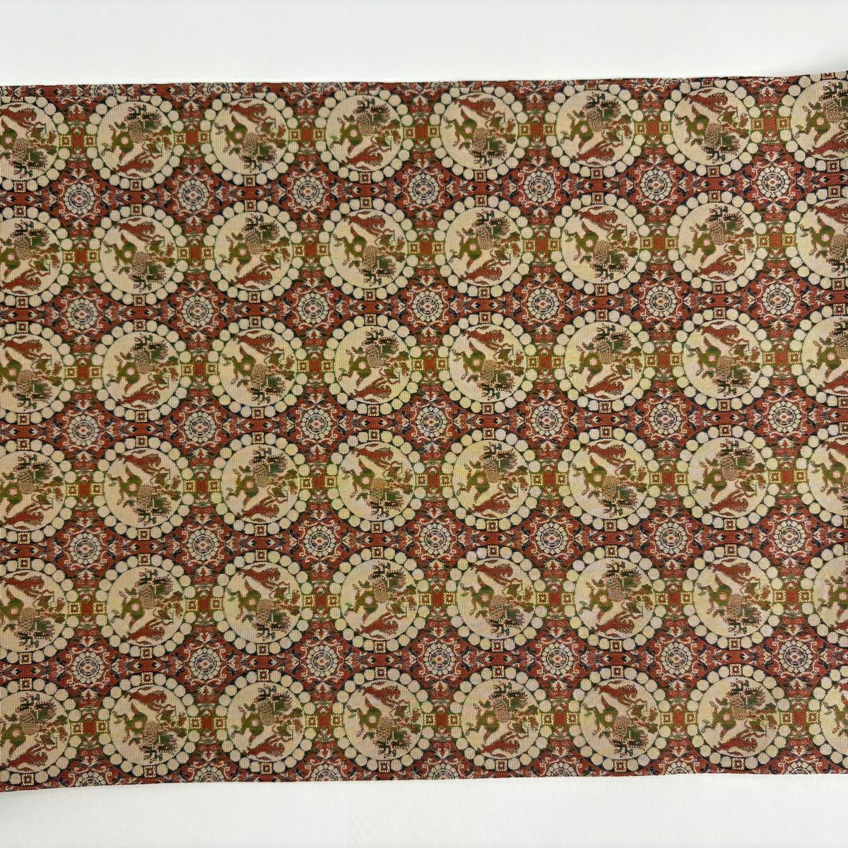 【美品】 開口名古屋帶 名品級 龍村美術織物 連珠獅子狩文錦 紅茶 純蠶絲