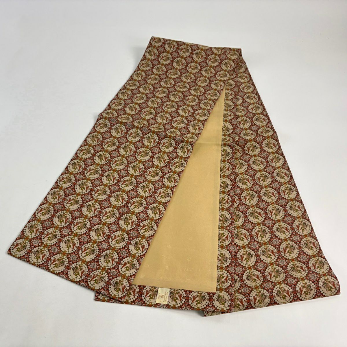 【美品】 開口名古屋帶 名品級 龍村美術織物 連珠獅子狩文錦 紅茶 純蠶絲