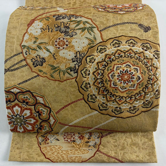 【美品】 袋帶 名品級 加納幸 落款 鏡裏文 金絲 金金箔 金色 大鼓圖案 純蠶絲
